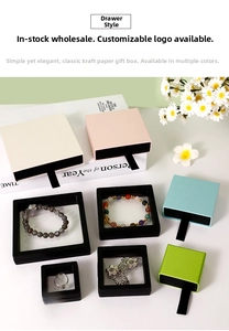 Detail of colorful drawer jewelry boxes with PE film suspension inserts for rings and necklaces