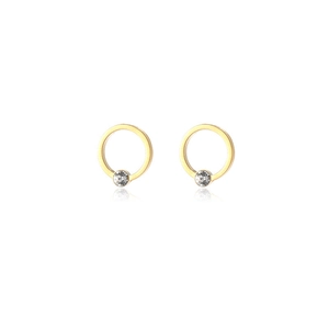 Detail view of gold-plated stainless steel hoop earrings with sparkling zircon stones