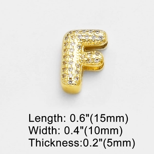 Macro view of gold letter F pendant with pave cubic zirconia and size dimensions