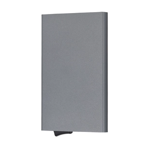 Macro view of the grey RFID blocking aluminum card holder with automatic pop-up mechanism