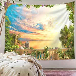 Detailansicht des Küsten-Sonnenuntergang-Wandteppichs an einer Schlafzimmerwand im Licht