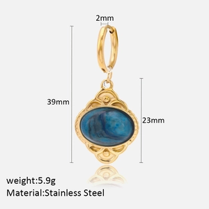 Detailed view of gold stainless steel earrings with oval blue marble stone pendants
