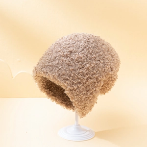 Winter solid color teddy fleece warm beanie hat with curly textured faux fur fabric