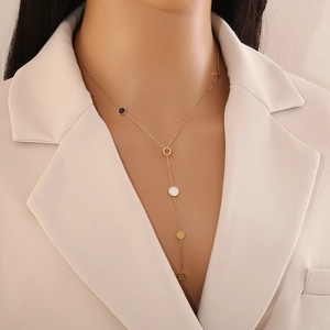 Minimalistische Y-förmige goldene Edelstahlkette mit geometrischen Scheiben für Damen