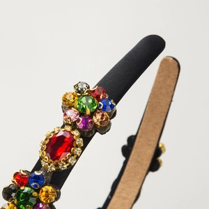 Baroque style headband with colorful crystal flowers on black satin fabric
