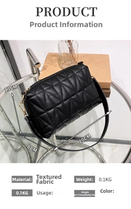 Detail view of black quilted crossbody bag showing 20x8x13cm dimensions and weight