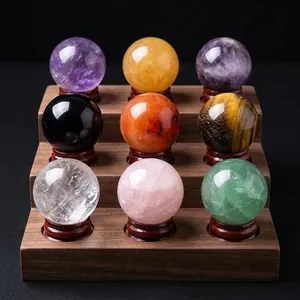 Natural Crystal Ball Polished Stone Sphere With Wooden Base For Home Office Decoration Healing Meditation Ornament