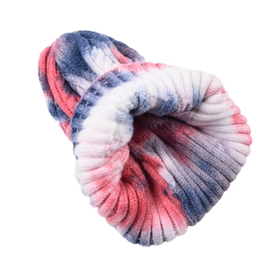 Fashionable tie-dye rib knit beanie in pink and blue tones for autumn and winter warmth