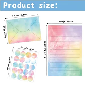 Watercolour stationery set size guide showing envelopes, paper and stickers