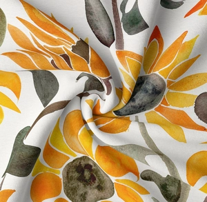 Macro detail of high-quality watercolor sunflower print on white textile wall tapestry