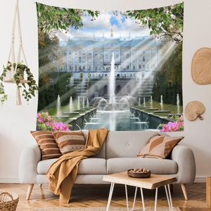 Detail of a large wall tapestry featuring a classic European palace garden with a fountain