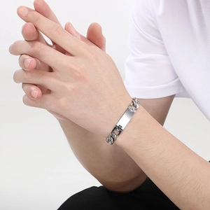 Polished stainless steel minimalist curb chain bracelet with blank metal plate for men