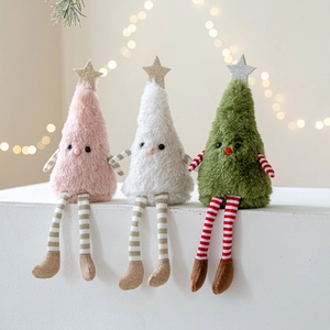 Cute Plush Christmas Tree Doll With Long Striped Legs Star Topper Soft Fabric Holiday Figurine For Home Party Table Decor