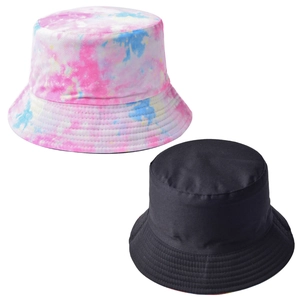 Detail of tie-dye and solid black reversible cotton canvas sun bucket hat with neat stitching