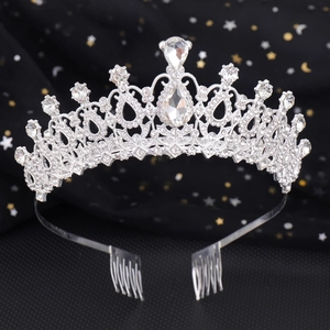 Elegant bridal crystal crown tiara with silver rhinestones and teardrop jewels