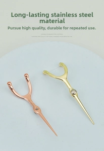 Macro detail of Y-shaped stainless steel dental floss picks in gold and rose gold finish
