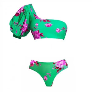 Green floral bikini set with one-shoulder puff sleeve and matching printed bottoms