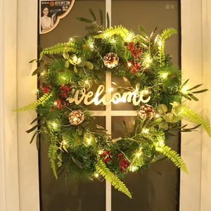 55cm lighted Christmas wreath with pine needles red berries and Welcome sign for front door