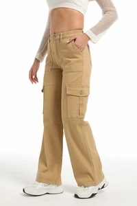Khaki wide-leg cargo pants with high-waist elastic band and side utility pockets