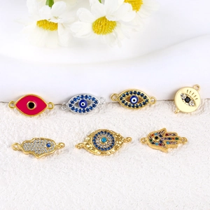 Evil Eye Hamsa Hand Jewelry Connectors Gold Plated Copper Cubic Zirconia Enamel DIY Bracelet Necklace Making Findings