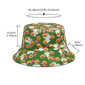 Green Halloween bucket hat for adults with pumpkins, ghosts, and spider web patterns