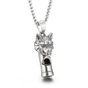 Pendentif Sifflet Tête De Loup Collier Vintage Acier Titane Homme Fonctionnel Fini Mat Bijou Animal Rétro Design