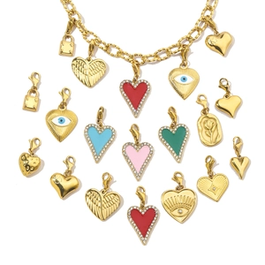 Detailed collection of heart-shaped enamel charms with rhinestones on a gold chain