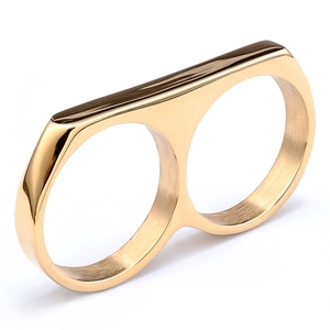 Minimalist gold stainless steel double finger ring with brushed metal texture finish