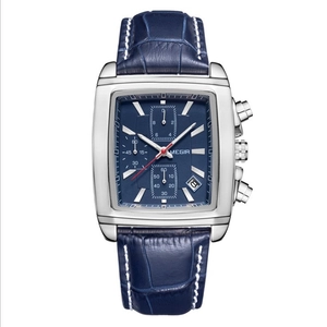Megir men's quartz sports watch with blue leather strap and square luminous dial