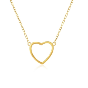 Detail of minimalist gold hollow heart pendant on a delicate cable chain necklace