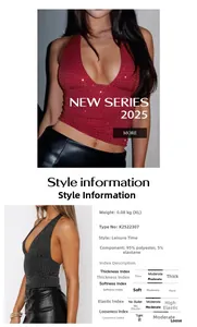 Detailed views of red and black sequined deep V-neck halter tops with a sizing chart