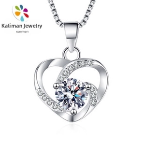 Detail view of S925 sterling silver heart necklace with a rotating cubic zirconia stone.