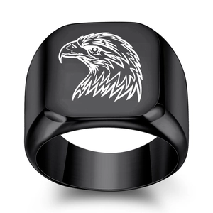 Men's matte black stainless steel signet ring with engraved white eagle profile
