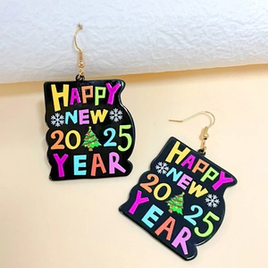 2025 Happy New Year earrings with colorful lettering and Christmas tree design on black base
