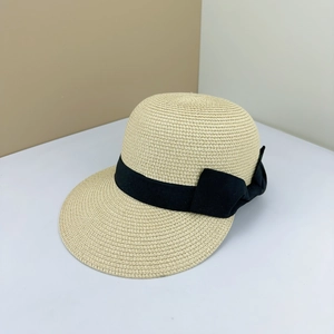 Elegant beige straw sun hat with black ribbon bow decoration for women's summer fashion
