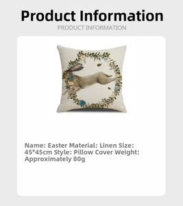 Detailed specs for Easter linen pillowcase with rabbit print, size 45x45cm and 80g weight