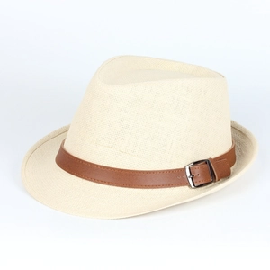 Breathable cream woven straw fedora hat with brown leather band and metal buckle for sun protection