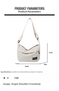 Detailed dimensions of white oxford fabric tote bag with black zipper and adjustable strap