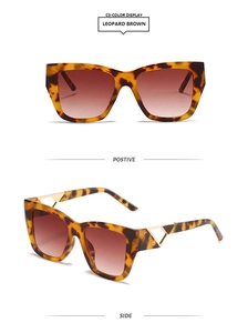 Detail of square leopard brown sunglasses with geometric gold cutout temples and gradient lenses