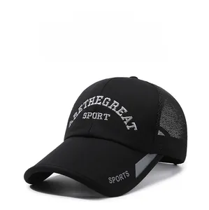 Close-up of black baseball cap with breathable mesh and sport embroidery details