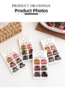 Detailed set of Morandi color mini hair clips organized on decorative cat-patterned cards