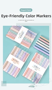 Close-up of dual-tip aesthetic highlighters in soft Morandi colors for student note-taking