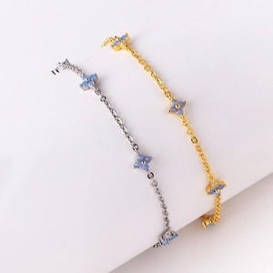 Elegant Blue Flower Charm Bracelet Copper Plated Gold Adjustable Chain Jewelry Sweet Style For Women