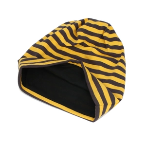 Detail view of double-layer striped knit beanie with yellow and black horizontal stripes
