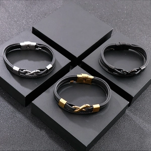 Men's infinity woven leather bracelets in silver, gold, and black finishes