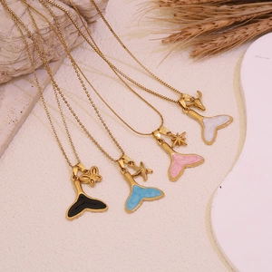 Stainless Steel Whale Tail Pendant Necklace Enamel Starfish Butterfly Bull Head Gold Plated Clavicle Chain Marine Style