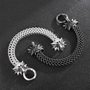 Detailed view of twin wolf head motorcycle bracelets in silver and gunmetal finish