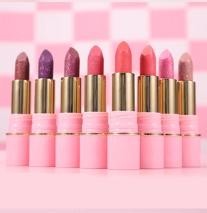 Shimmer lipstick set with 8 vibrant colors, moisturizing formula and shiny pearl finish details.