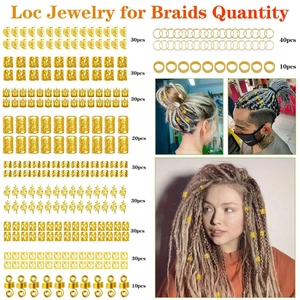 290pcs Gold dreadlock jewelry set with leaf and crown charms for hair braids styling