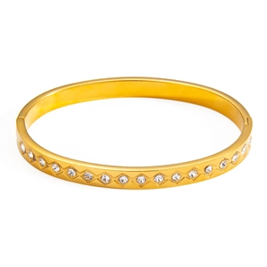 Luxurious gold titanium steel bangle with diamond-set rhombic pattern and side clasp